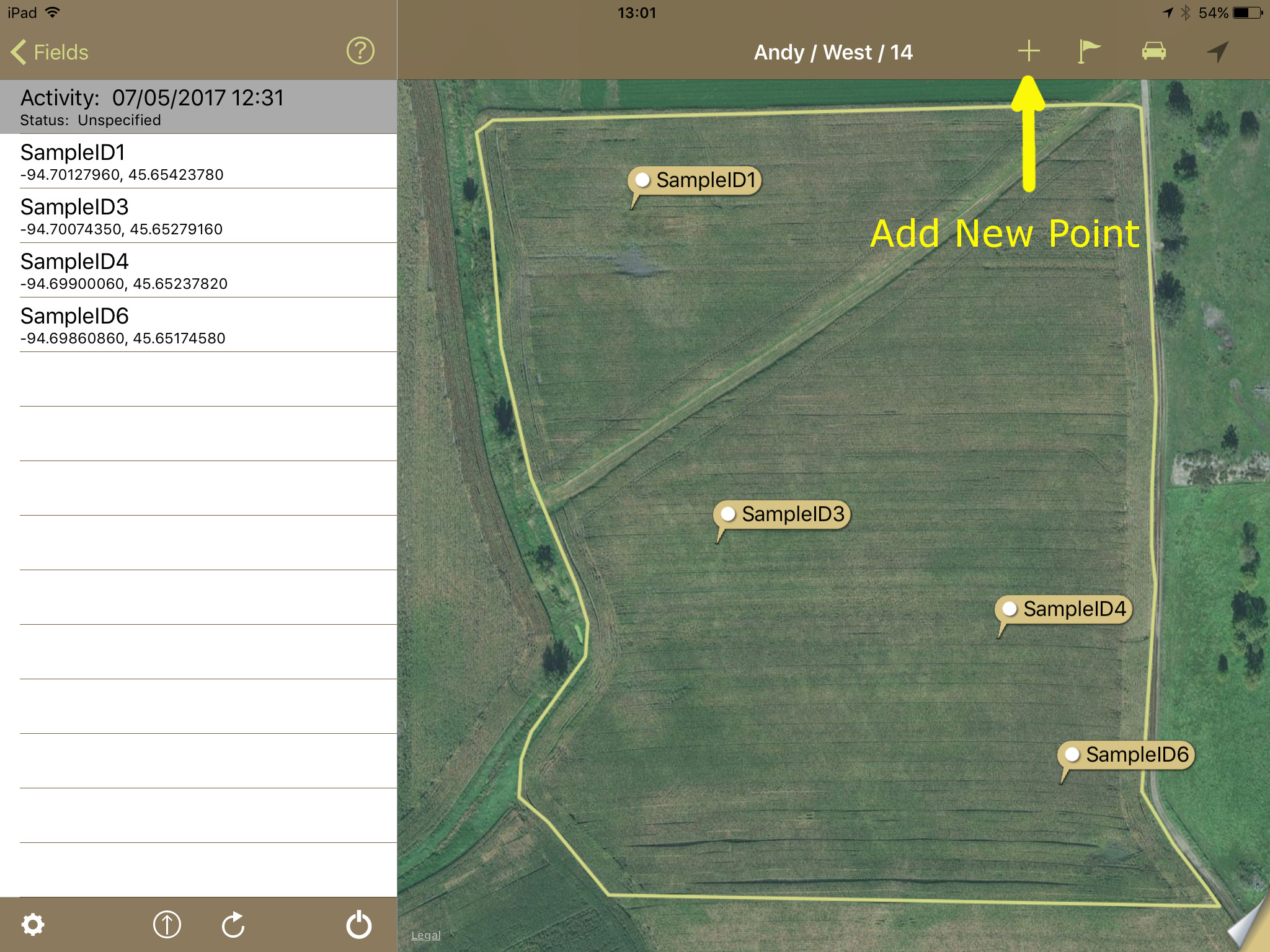 Add Point in FieldX Sampling App on iPad